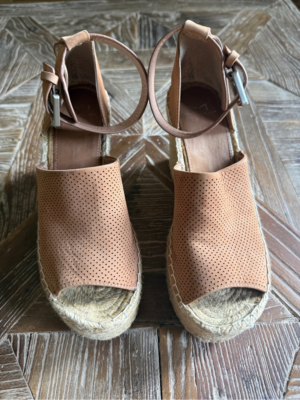 Marc Fisher Tan Perforated Espadrille 4” Wedge Sandals with Ankle Strap